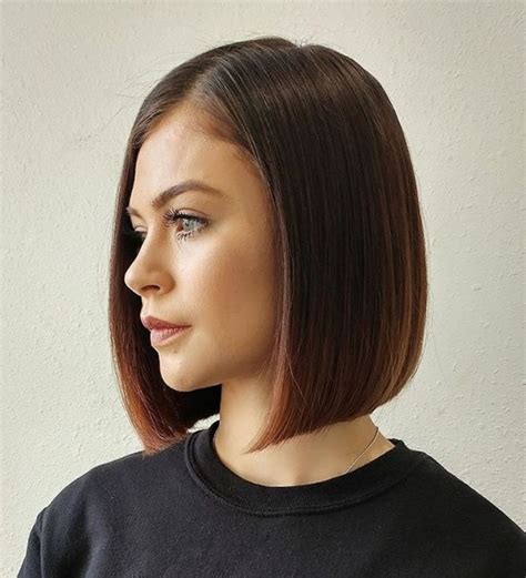 blunt cut shoulder length bob.